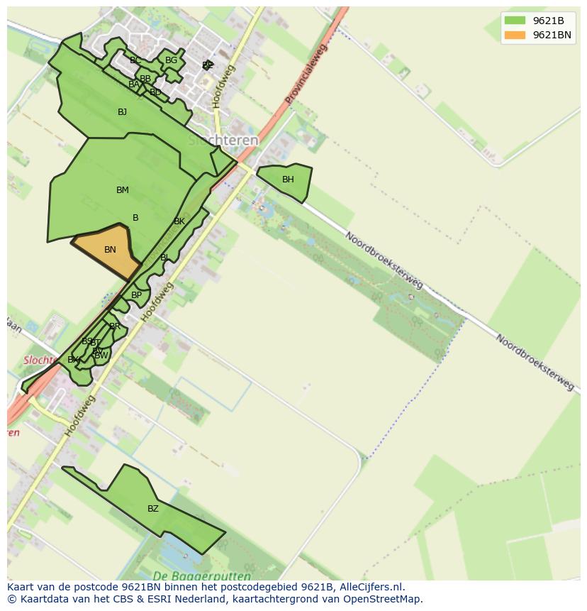 Afbeelding van het postcodegebied 9621 BN op de kaart.