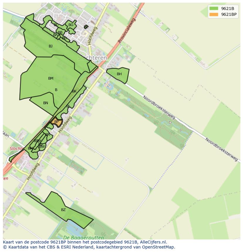 Afbeelding van het postcodegebied 9621 BP op de kaart.