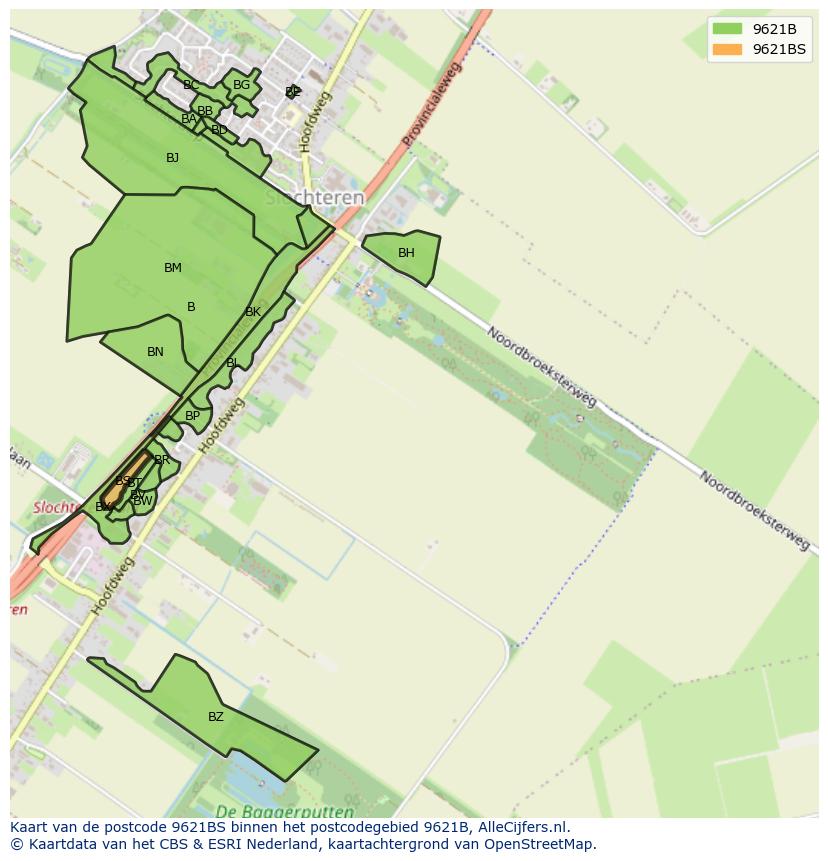 Afbeelding van het postcodegebied 9621 BS op de kaart.