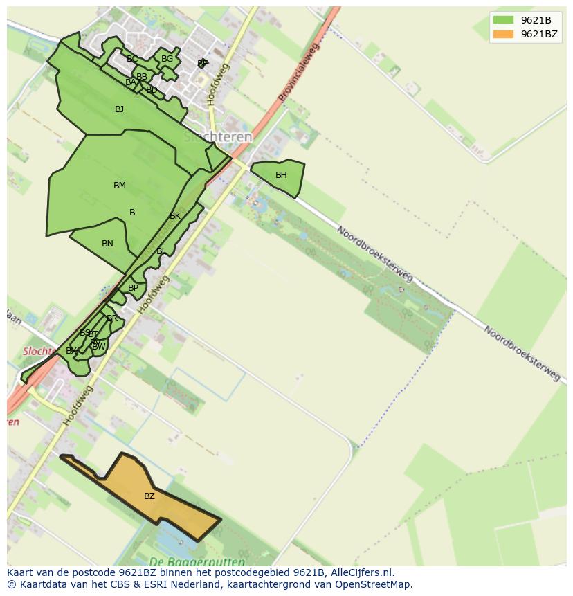 Afbeelding van het postcodegebied 9621 BZ op de kaart.