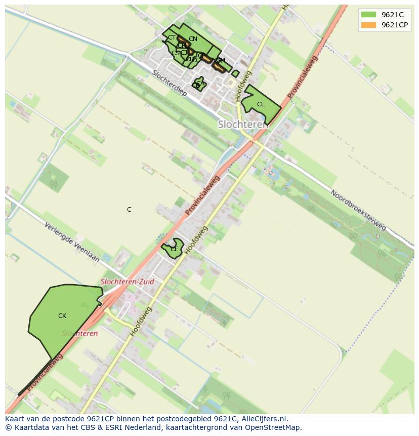 Afbeelding van het postcodegebied 9621 CP op de kaart.