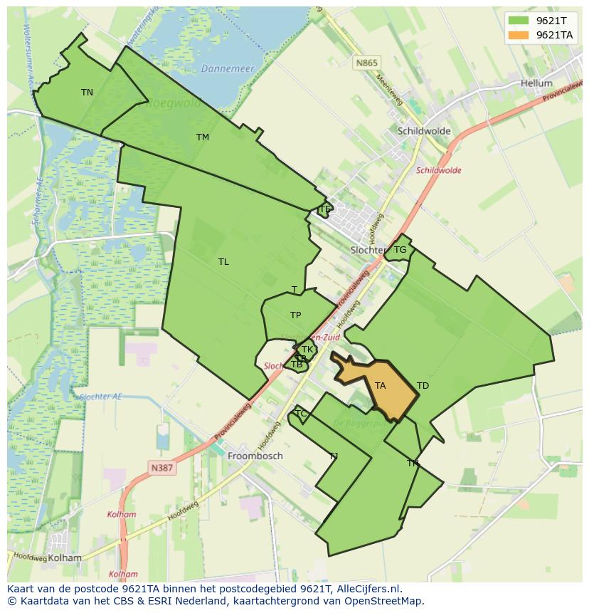 Afbeelding van het postcodegebied 9621 TA op de kaart.