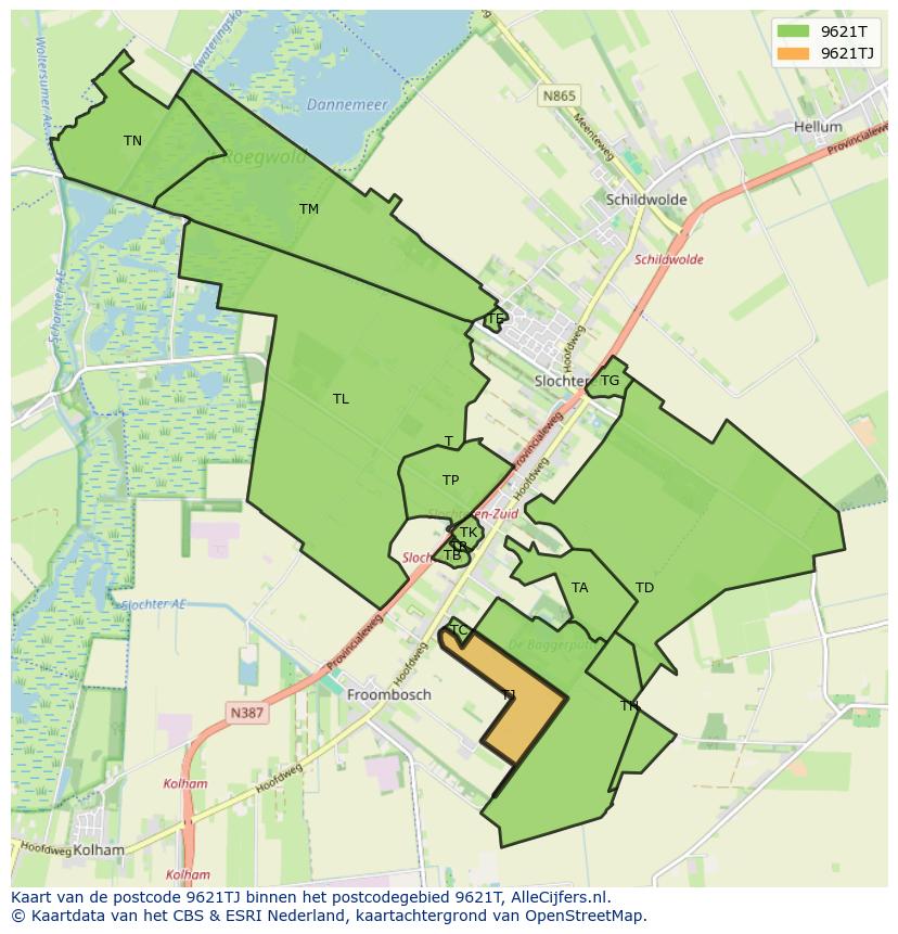 Afbeelding van het postcodegebied 9621 TJ op de kaart.