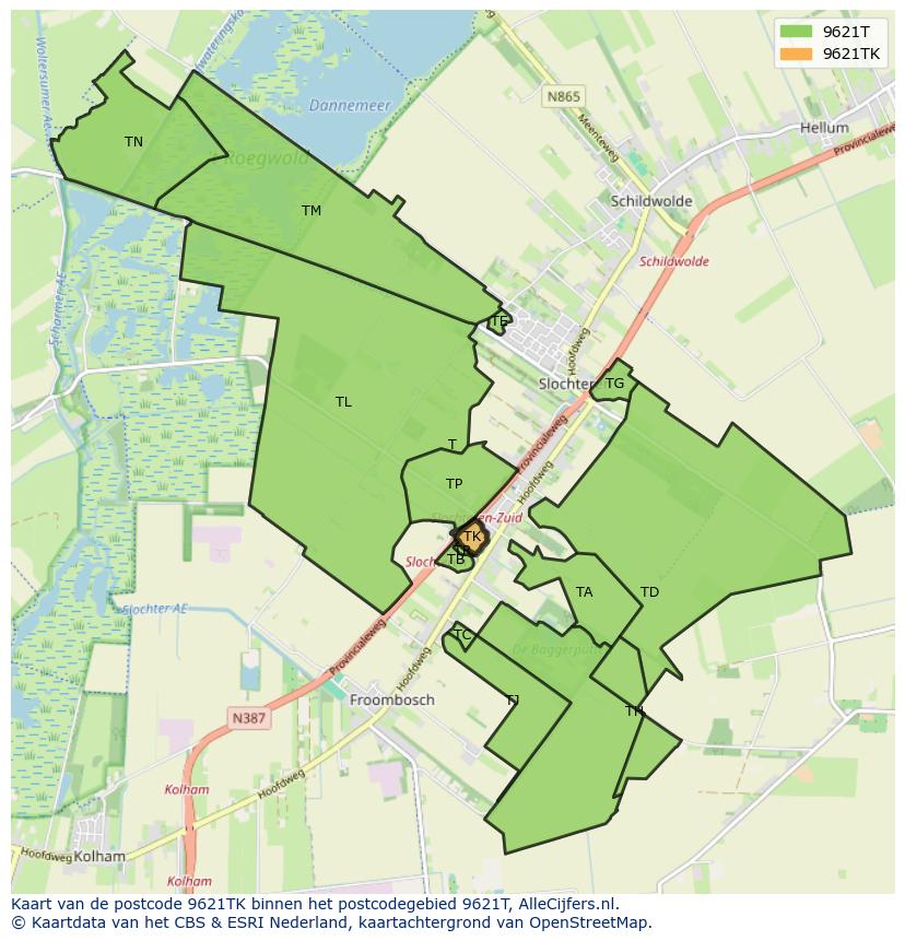 Afbeelding van het postcodegebied 9621 TK op de kaart.