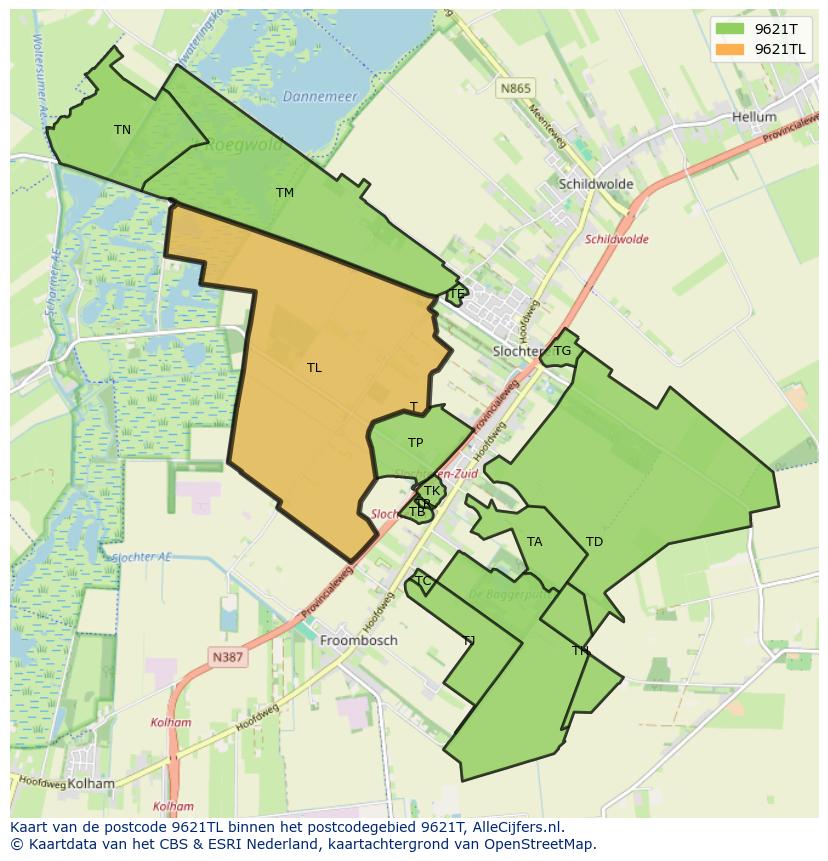Afbeelding van het postcodegebied 9621 TL op de kaart.