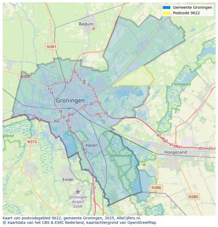 Afbeelding van het postcodegebied 9622 op de kaart.