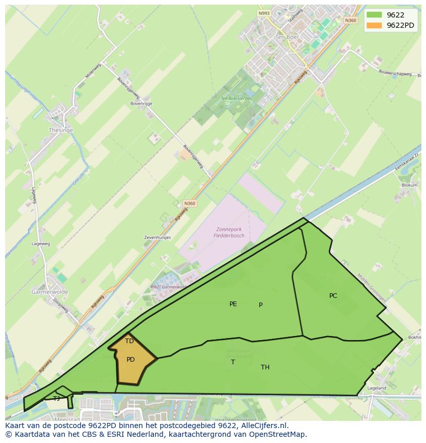 Afbeelding van het postcodegebied 9622 PD op de kaart.