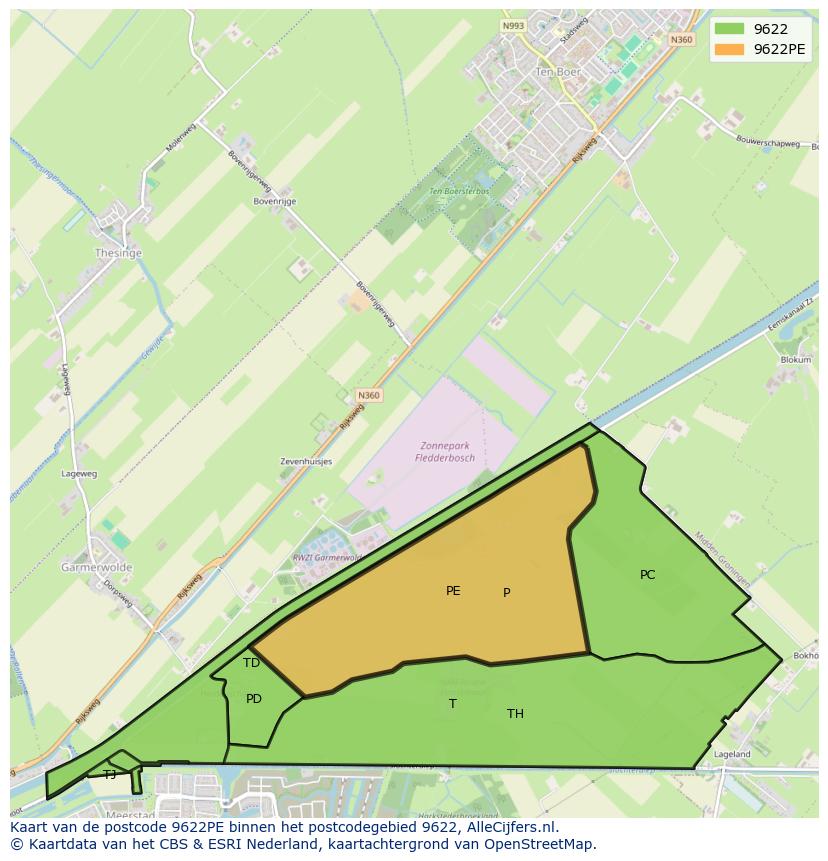 Afbeelding van het postcodegebied 9622 PE op de kaart.