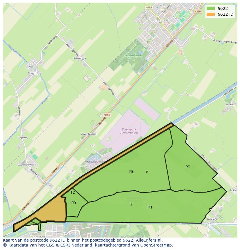 Afbeelding van het postcodegebied 9622 TD op de kaart.