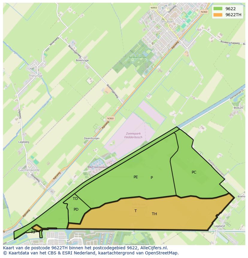 Afbeelding van het postcodegebied 9622 TH op de kaart.
