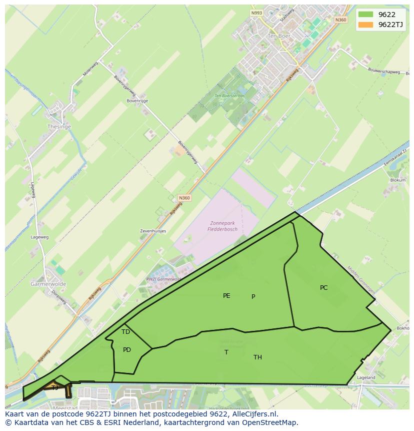 Afbeelding van het postcodegebied 9622 TJ op de kaart.