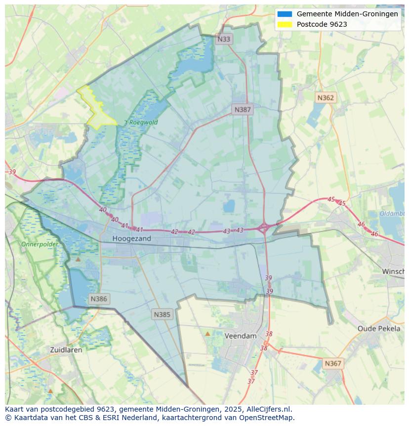Afbeelding van het postcodegebied 9623 op de kaart.