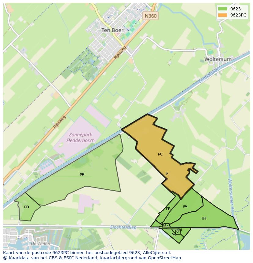 Afbeelding van het postcodegebied 9623 PC op de kaart.