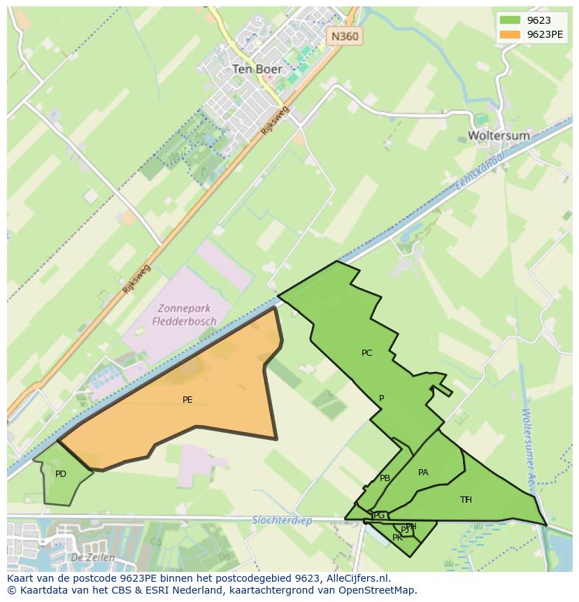 Afbeelding van het postcodegebied 9623 PE op de kaart.