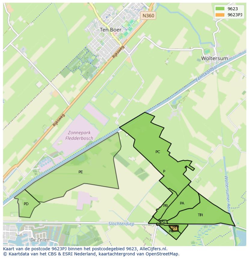 Afbeelding van het postcodegebied 9623 PJ op de kaart.