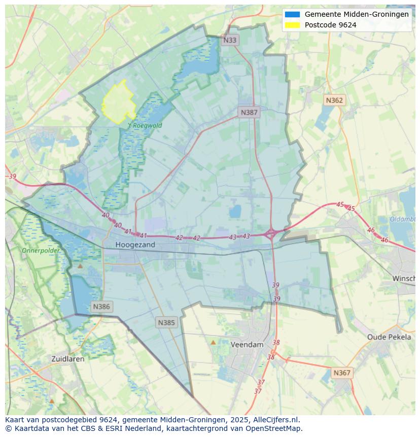 Afbeelding van het postcodegebied 9624 op de kaart.