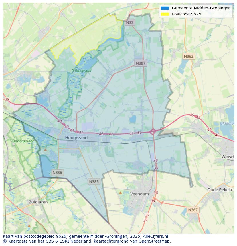 Afbeelding van het postcodegebied 9625 op de kaart.
