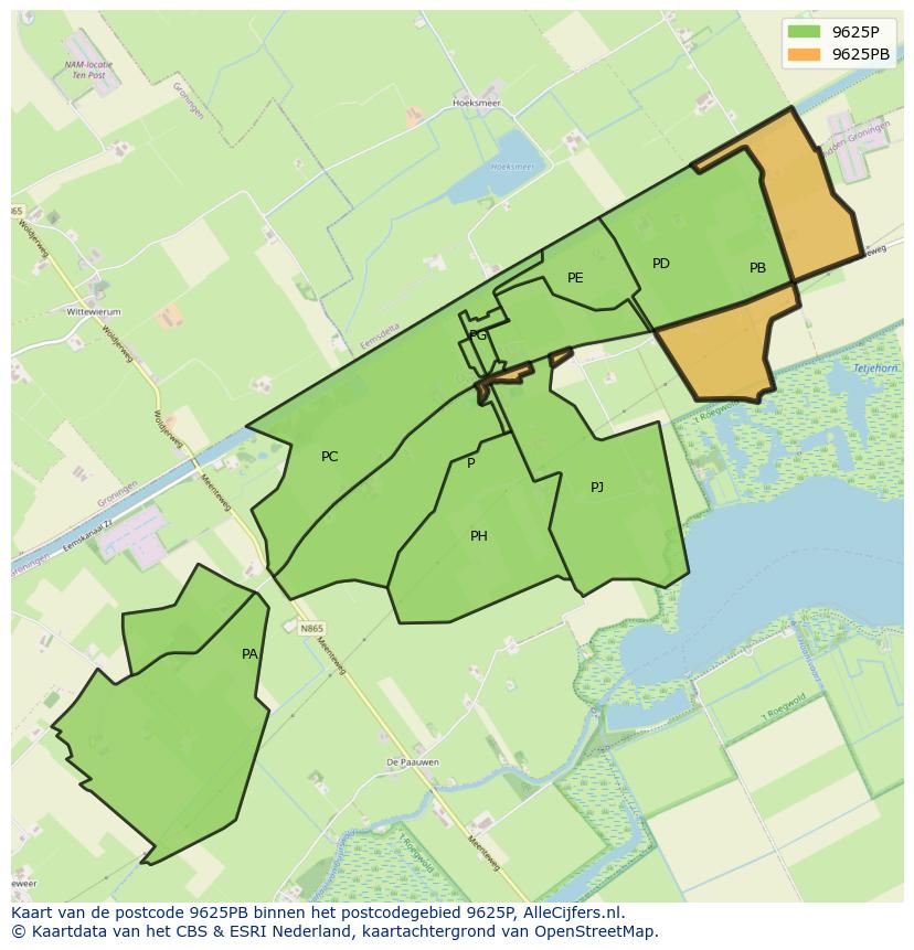 Afbeelding van het postcodegebied 9625 PB op de kaart.