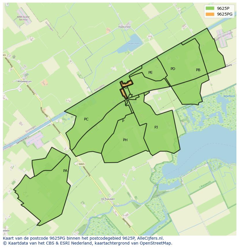 Afbeelding van het postcodegebied 9625 PG op de kaart.