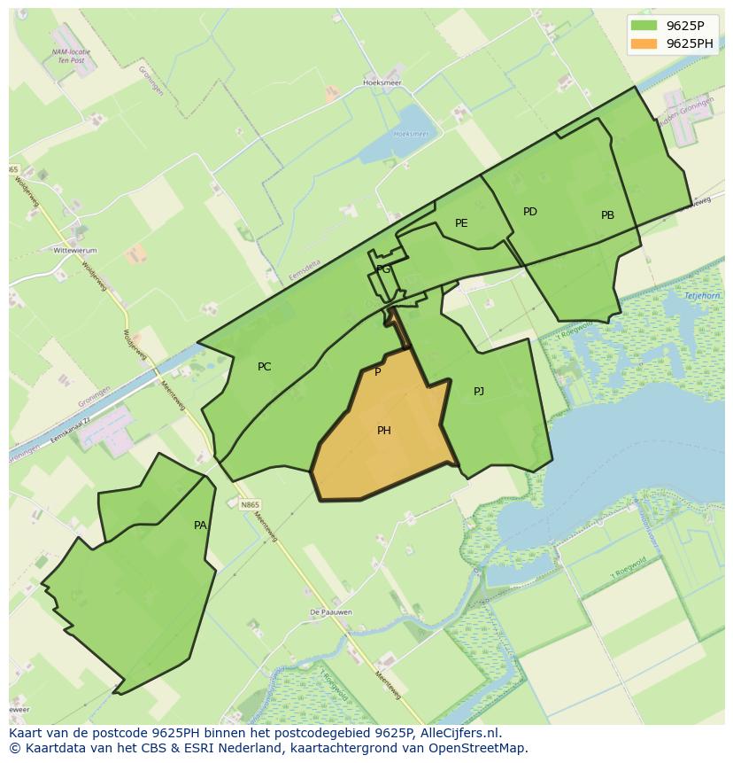 Afbeelding van het postcodegebied 9625 PH op de kaart.