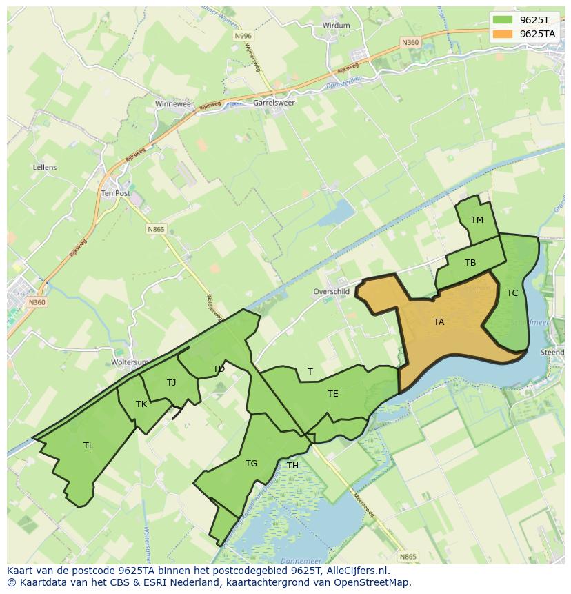 Afbeelding van het postcodegebied 9625 TA op de kaart.