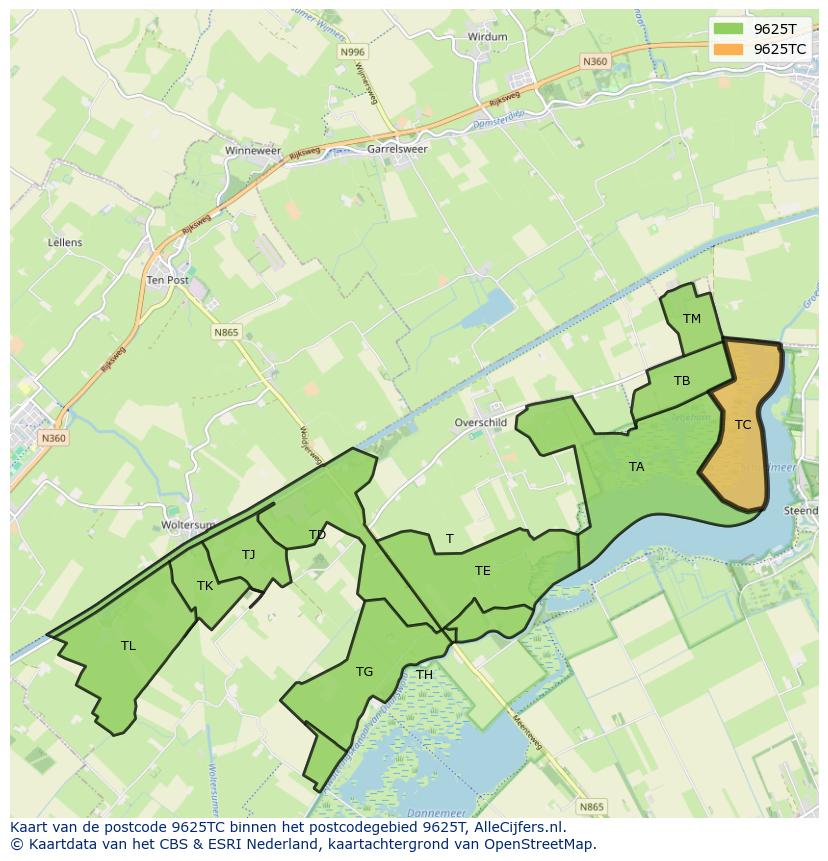 Afbeelding van het postcodegebied 9625 TC op de kaart.