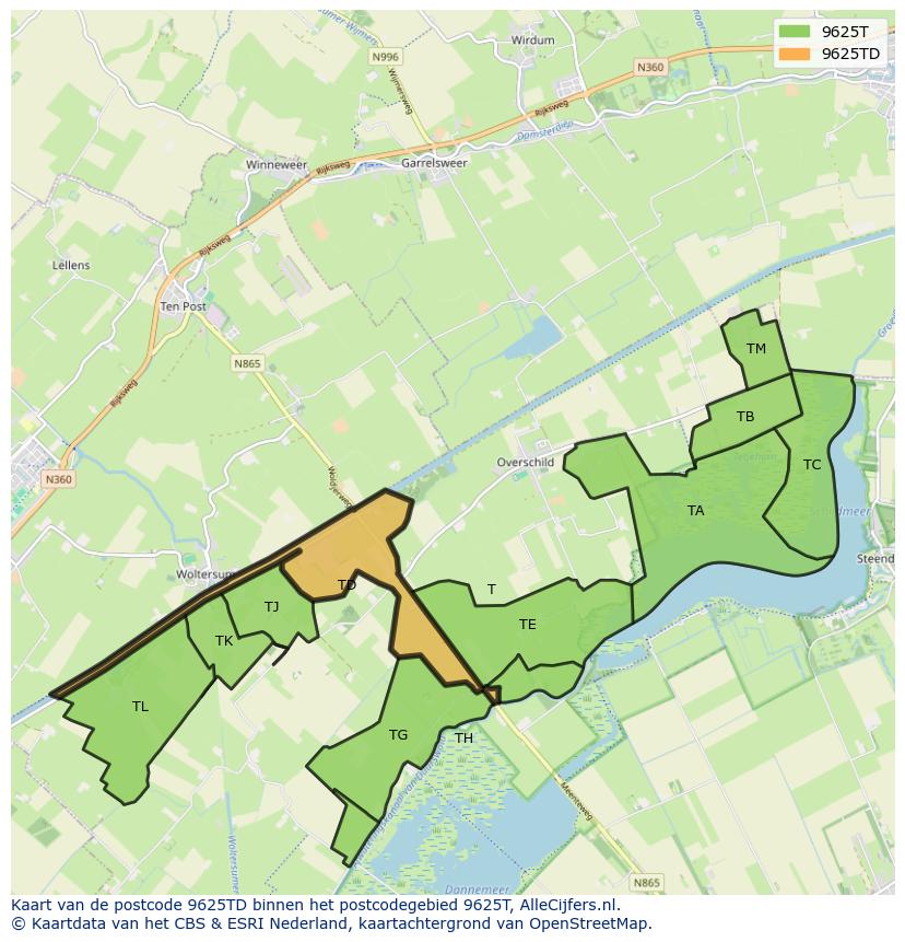 Afbeelding van het postcodegebied 9625 TD op de kaart.
