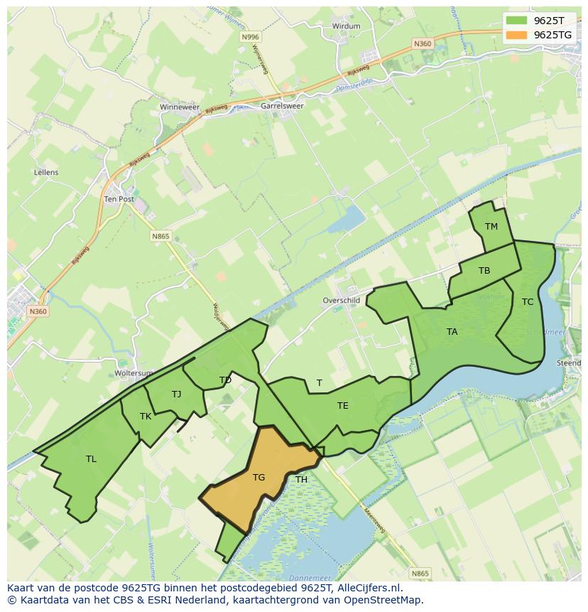 Afbeelding van het postcodegebied 9625 TG op de kaart.