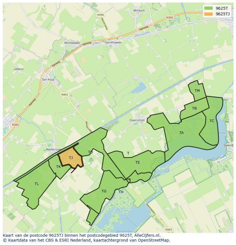 Afbeelding van het postcodegebied 9625 TJ op de kaart.