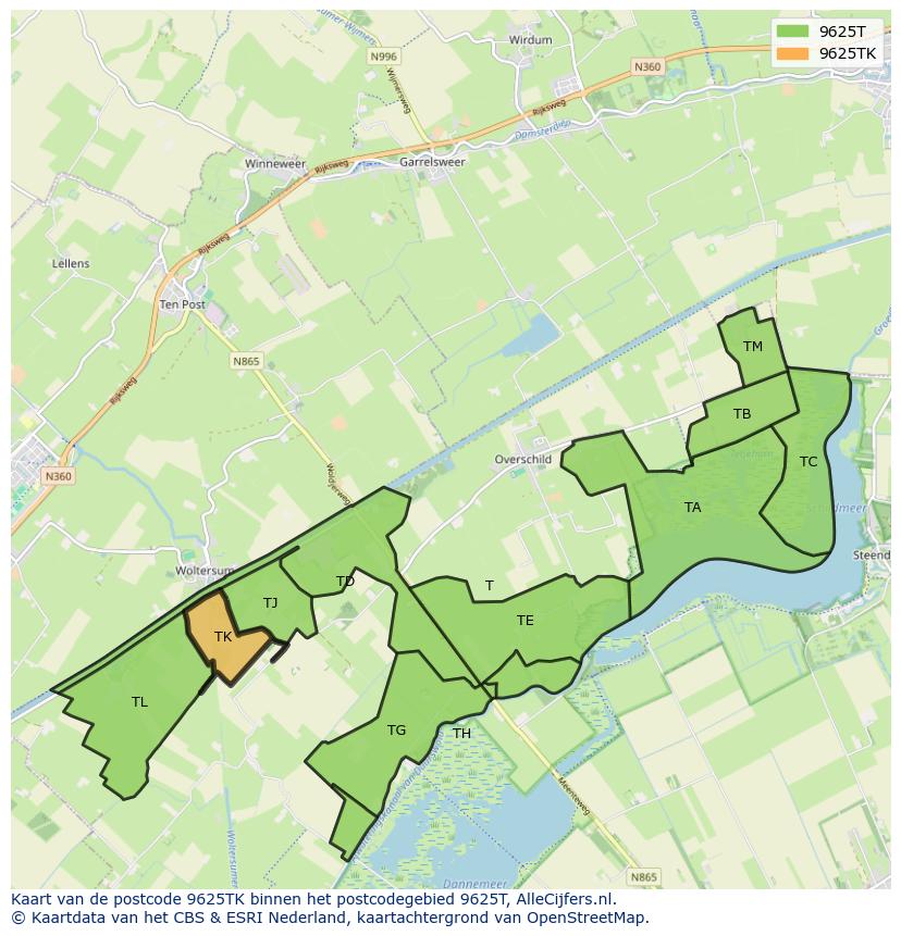 Afbeelding van het postcodegebied 9625 TK op de kaart.