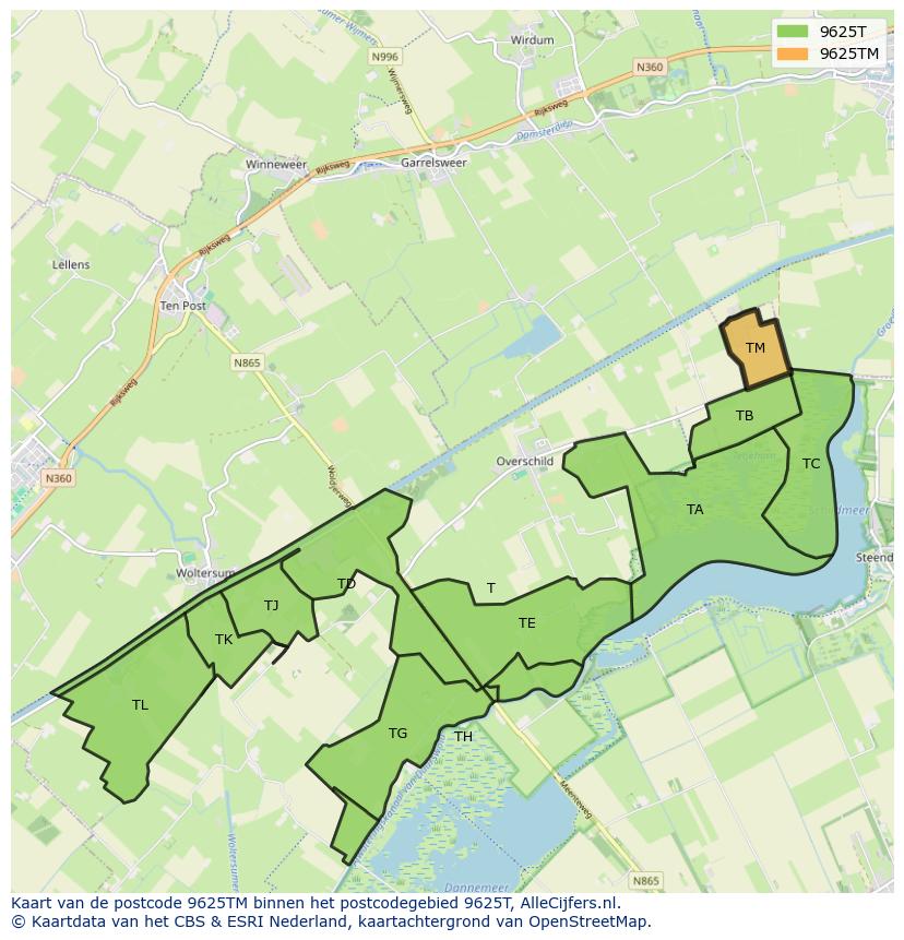 Afbeelding van het postcodegebied 9625 TM op de kaart.