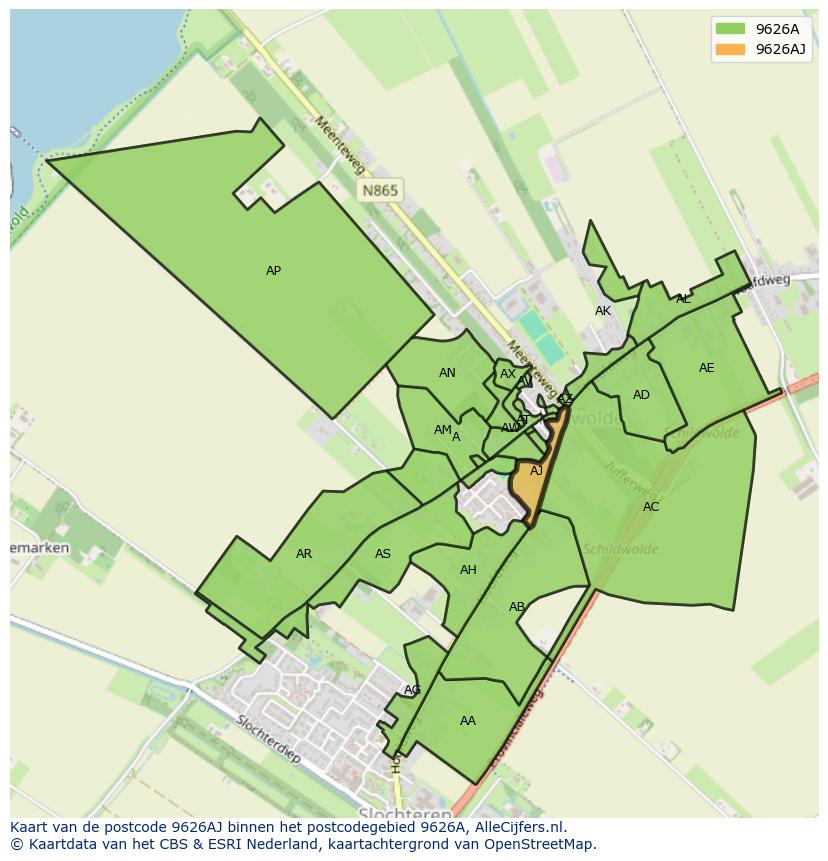 Afbeelding van het postcodegebied 9626 AJ op de kaart.