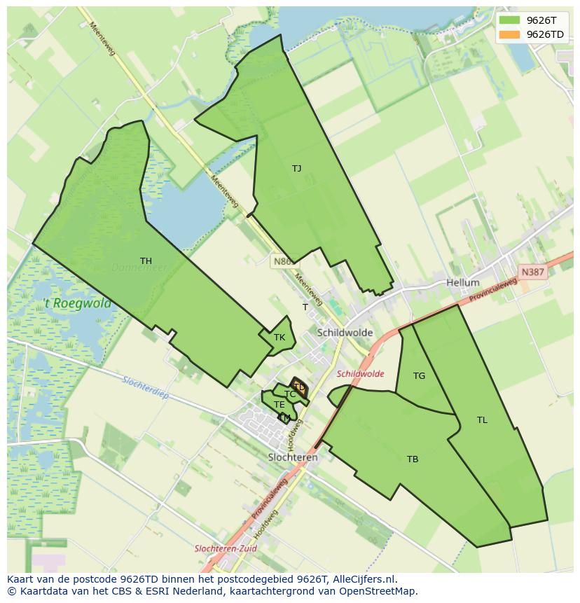 Afbeelding van het postcodegebied 9626 TD op de kaart.