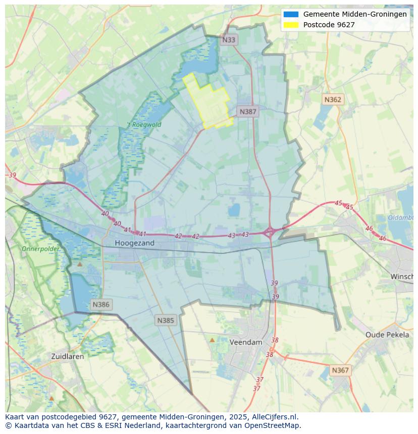 Afbeelding van het postcodegebied 9627 op de kaart.