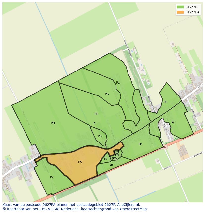 Afbeelding van het postcodegebied 9627 PA op de kaart.