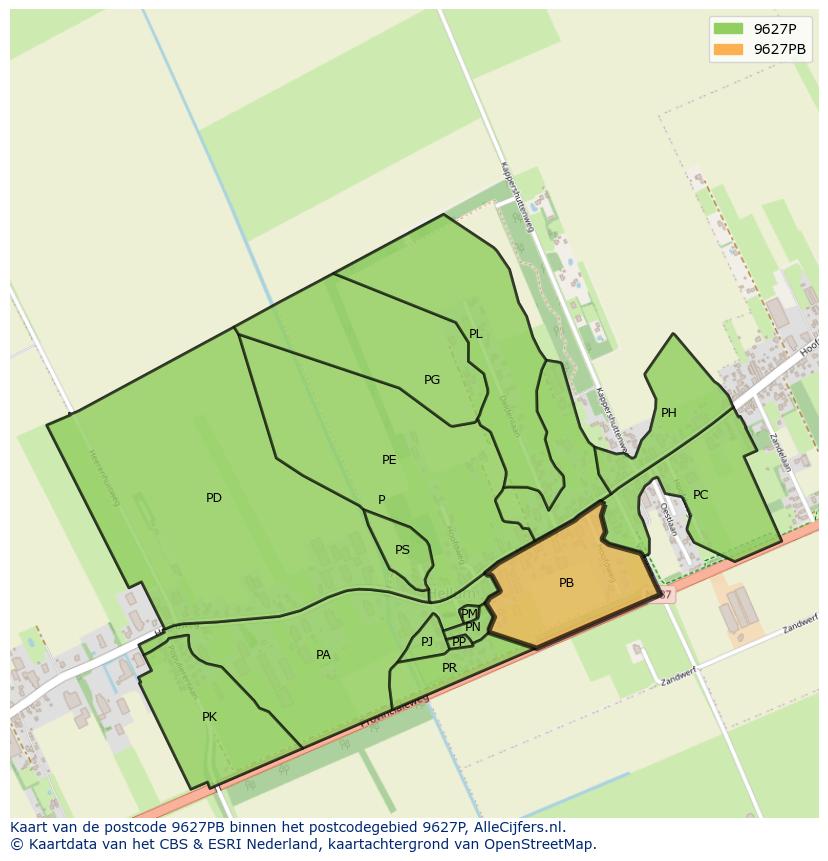 Afbeelding van het postcodegebied 9627 PB op de kaart.