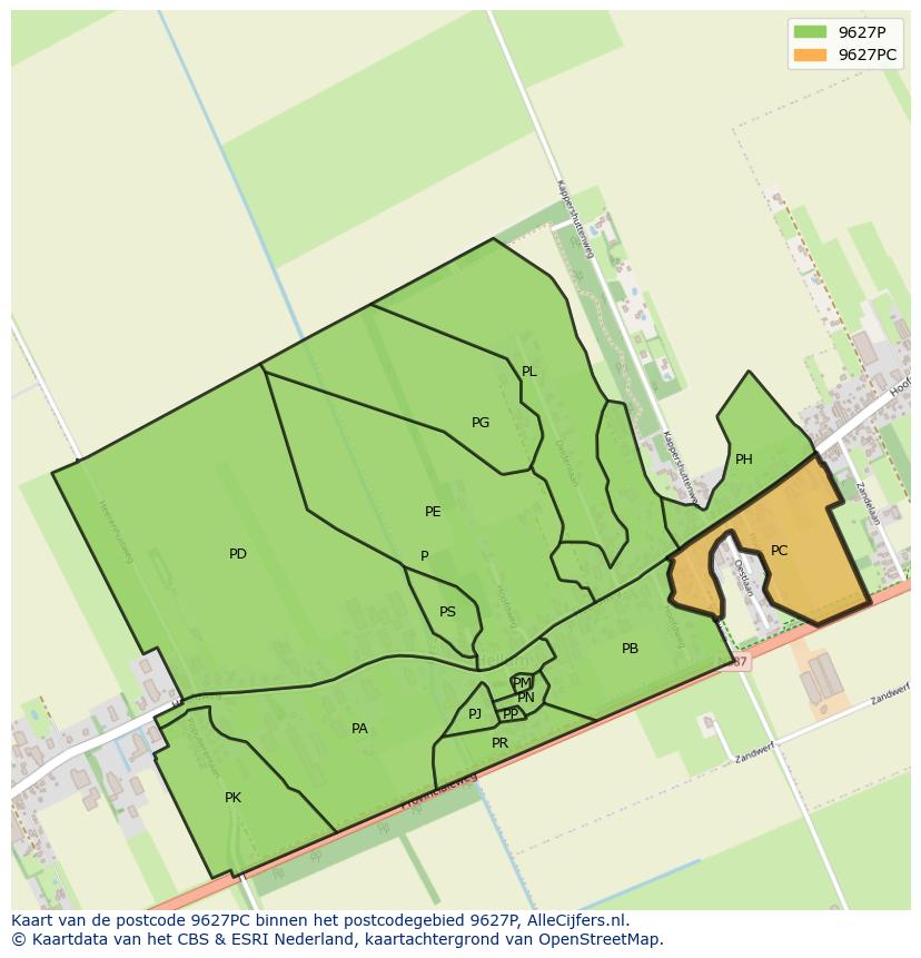 Afbeelding van het postcodegebied 9627 PC op de kaart.