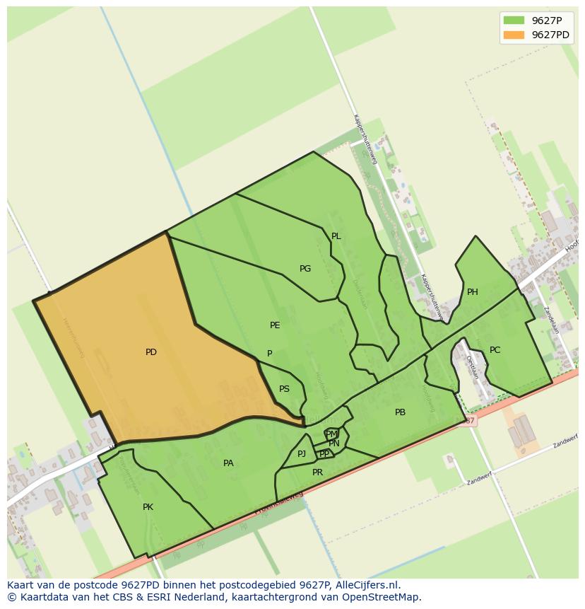 Afbeelding van het postcodegebied 9627 PD op de kaart.