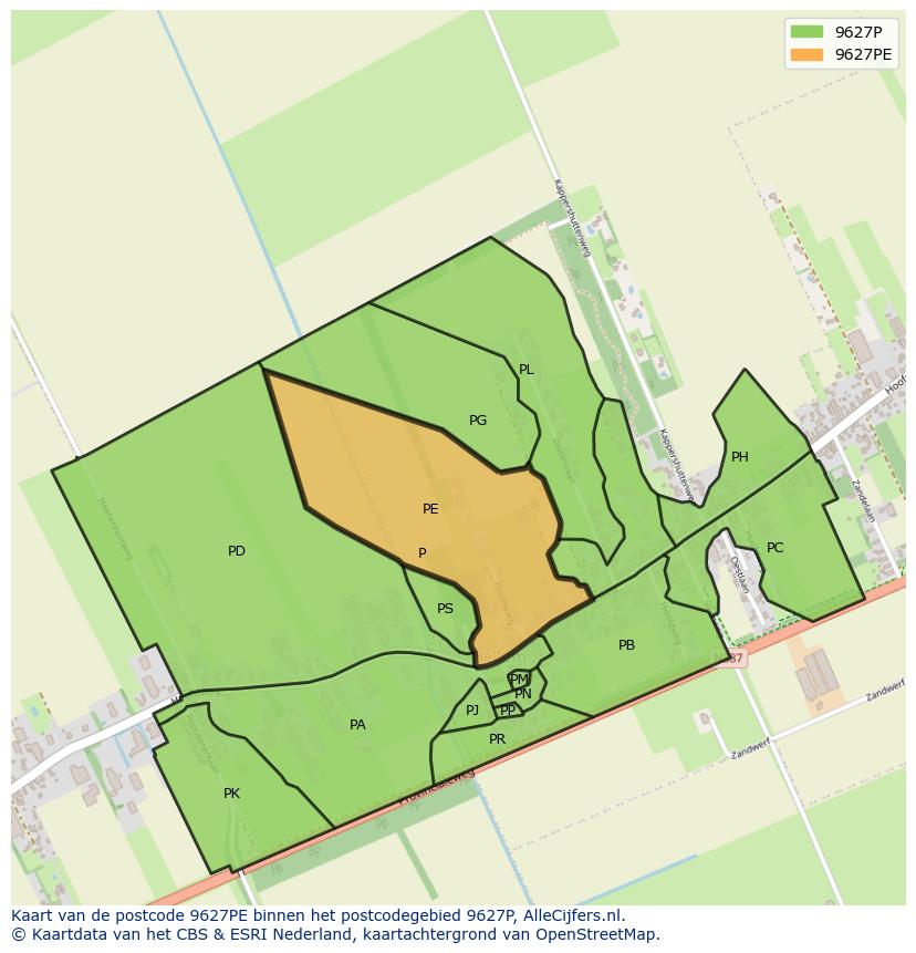 Afbeelding van het postcodegebied 9627 PE op de kaart.