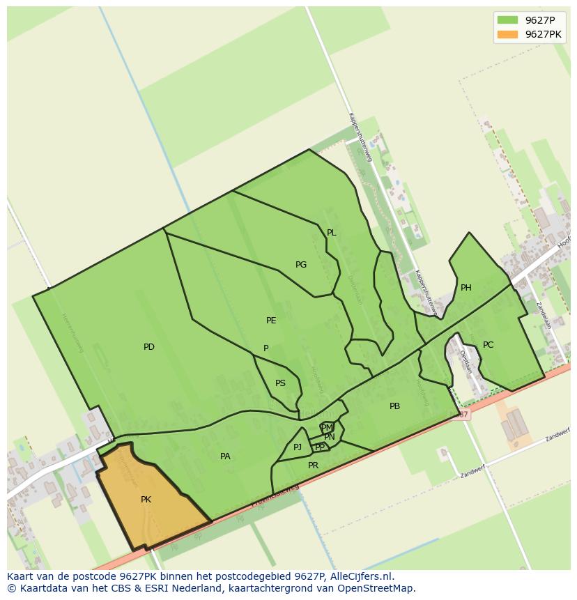 Afbeelding van het postcodegebied 9627 PK op de kaart.