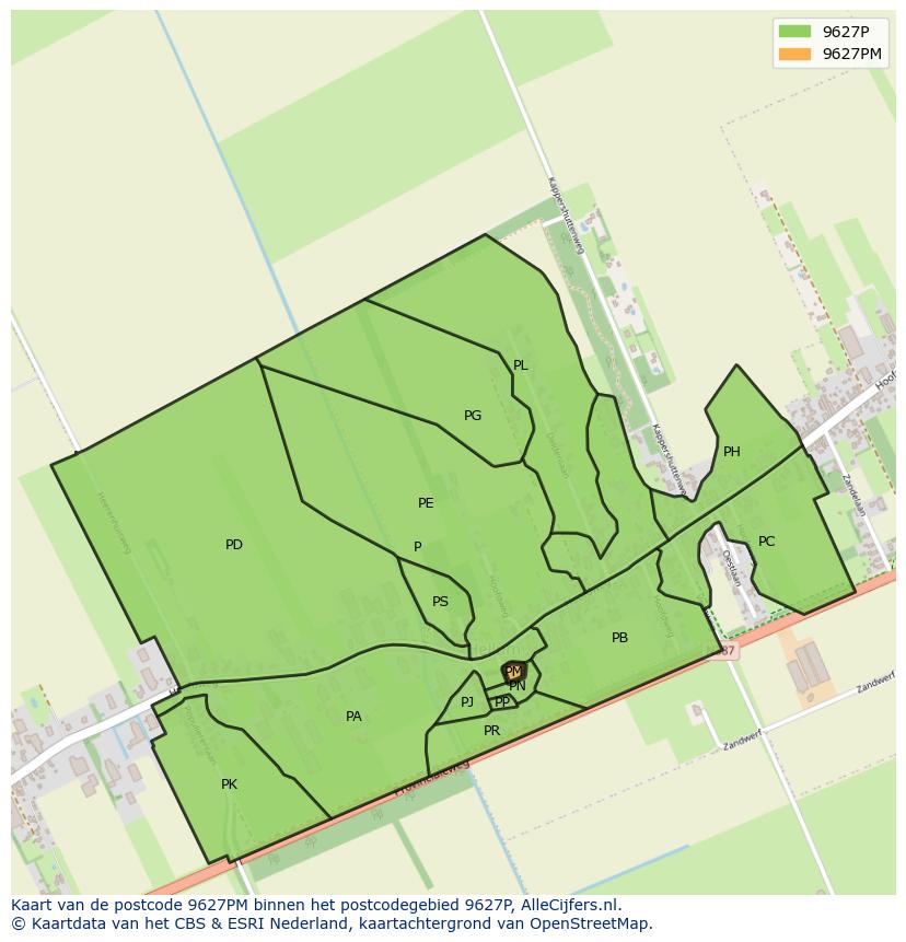 Afbeelding van het postcodegebied 9627 PM op de kaart.