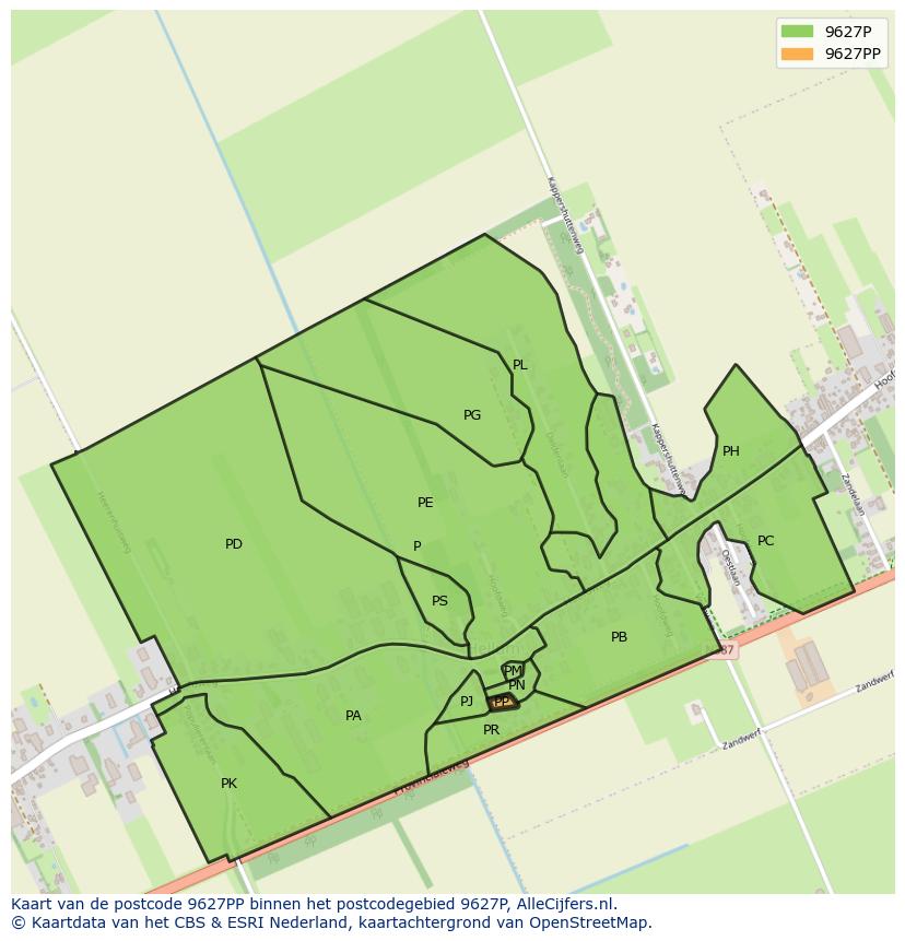 Afbeelding van het postcodegebied 9627 PP op de kaart.