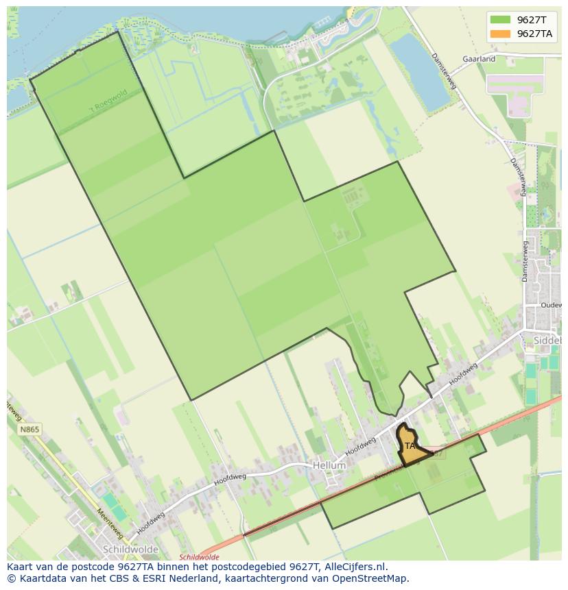Afbeelding van het postcodegebied 9627 TA op de kaart.