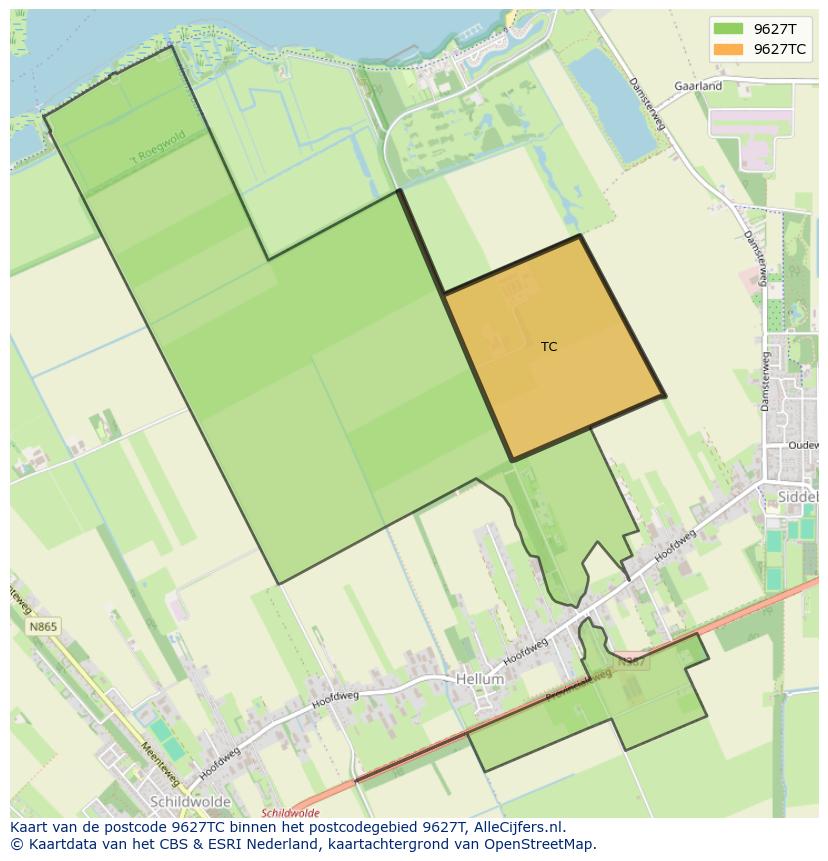 Afbeelding van het postcodegebied 9627 TC op de kaart.