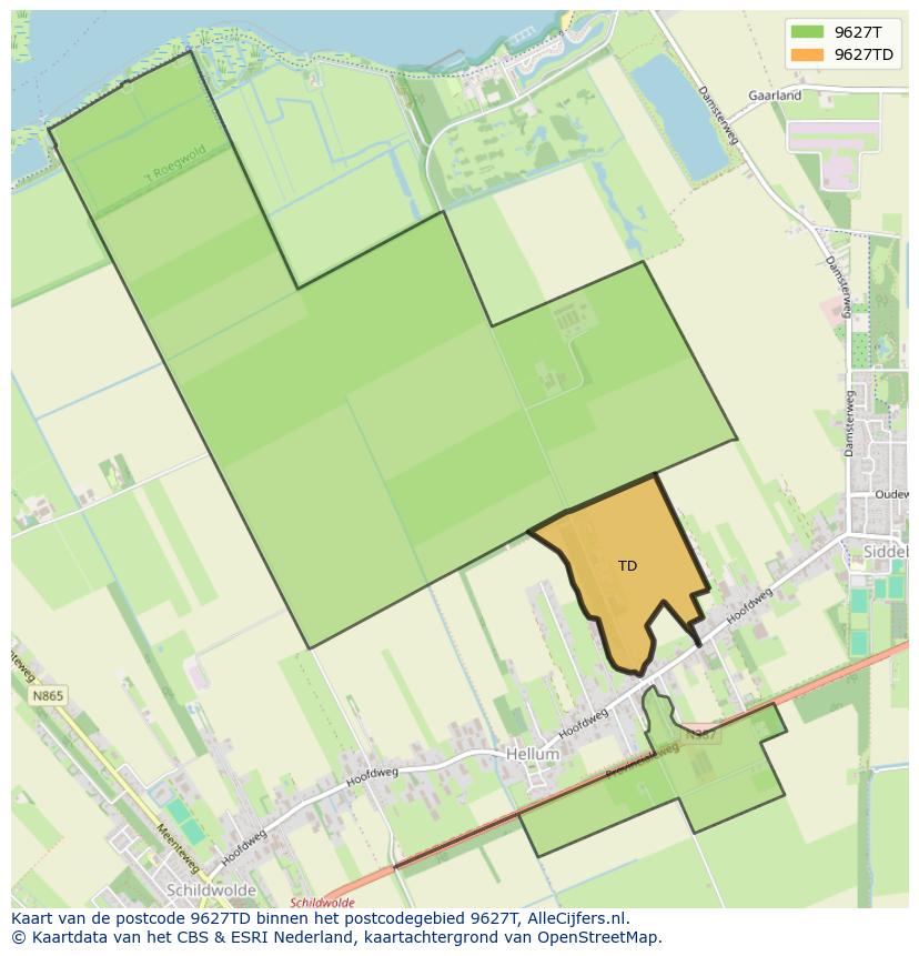 Afbeelding van het postcodegebied 9627 TD op de kaart.