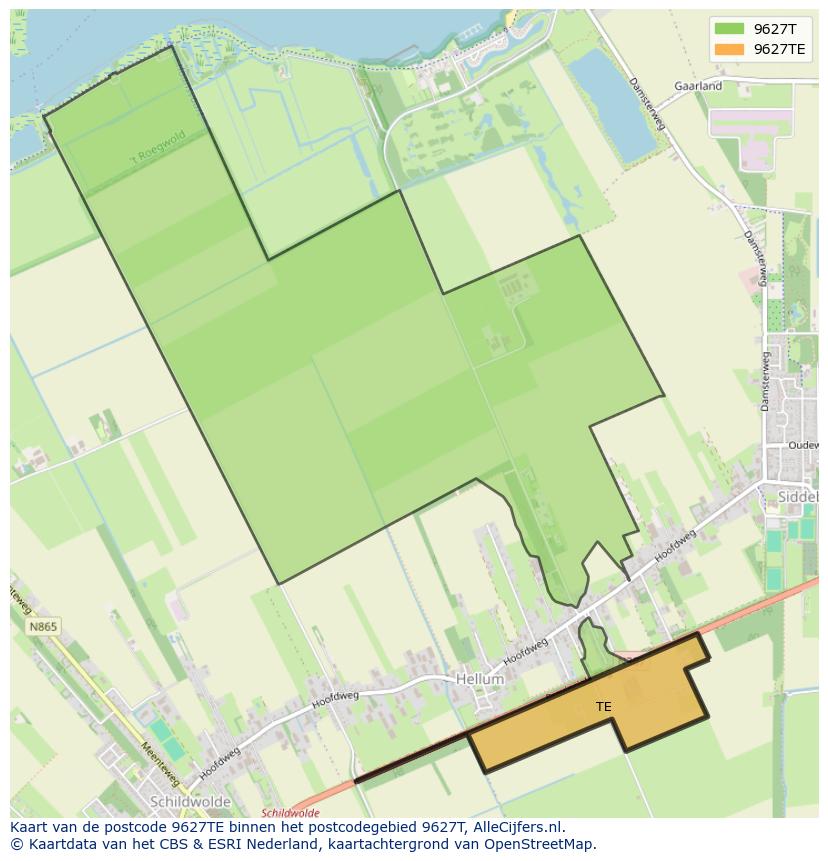 Afbeelding van het postcodegebied 9627 TE op de kaart.