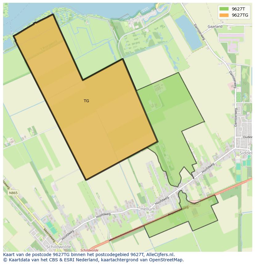 Afbeelding van het postcodegebied 9627 TG op de kaart.