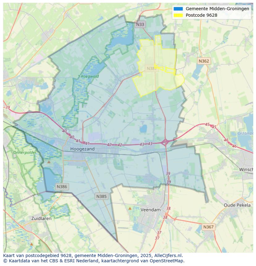 Afbeelding van het postcodegebied 9628 op de kaart.