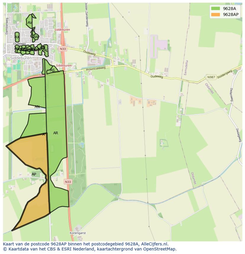 Afbeelding van het postcodegebied 9628 AP op de kaart.