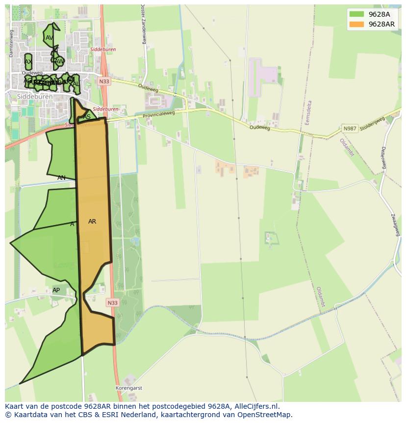 Afbeelding van het postcodegebied 9628 AR op de kaart.